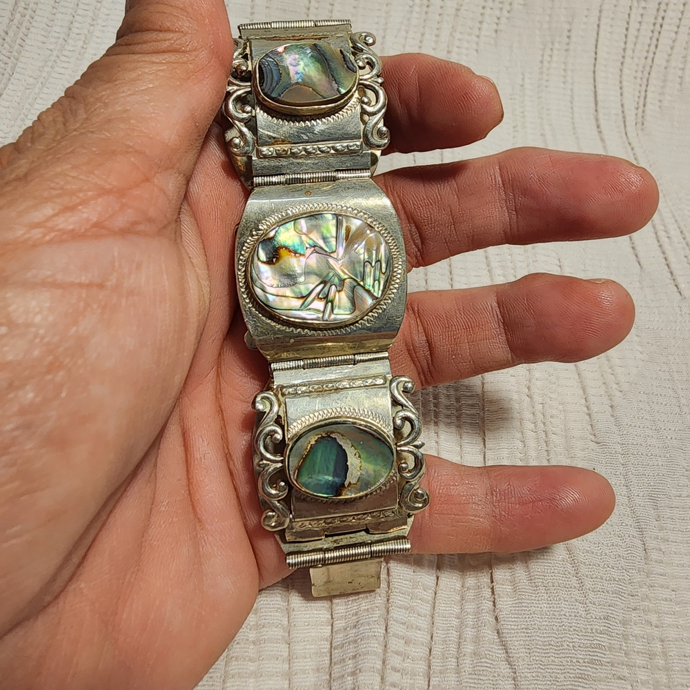 Vintage Taxco Sterling Silver 925 Abalone Panel Bracelet Mexico 7" Ornate - Picture 15 of 15